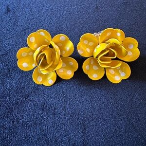 Yellow Polka Dot Flower Clip-On Earrings